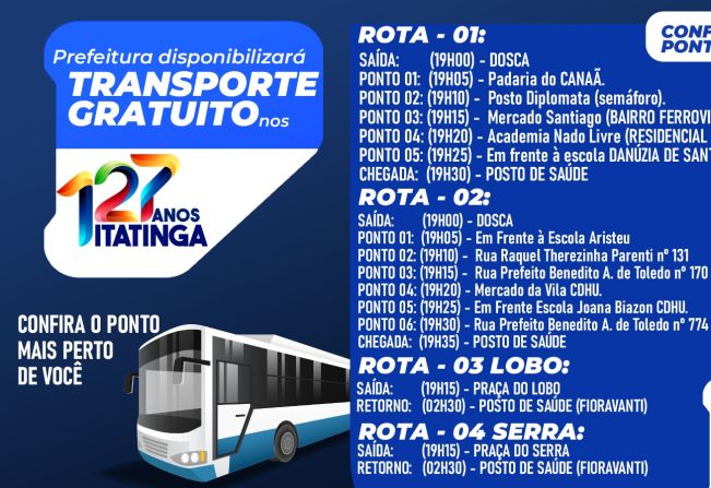 127 ANOS DE ITATINGA COM TRANSPORTE GRATUITO! 